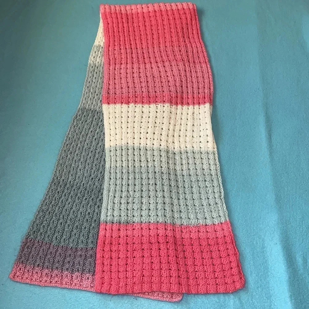 CROCHETED Scarf pastel pinks blues white grays soft and fluffy 12” X 70”